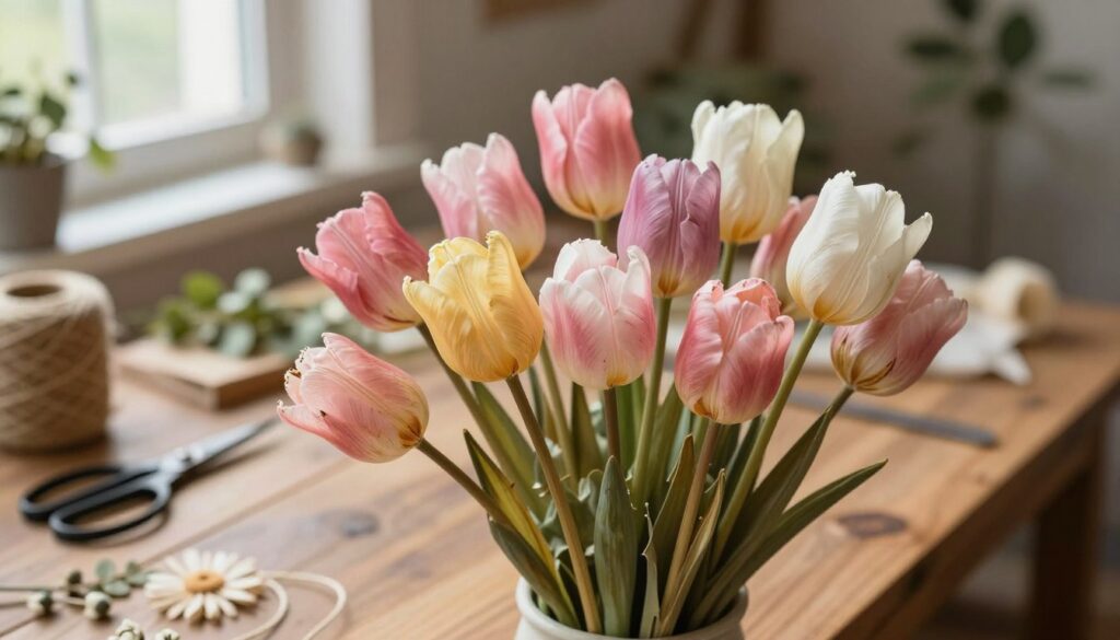 A beautiful arrangement of dried tulips, showcasing varying shades of pink, yellow, and white, each flower meticulously preserved to maintain its shape and decorative quality. In the foreground, focus on the delicate petals and textured stems, creating an intimate connection with the viewer. The middle ground features a rustic wooden table adorned with dried flowercraft tools such as scissors and twine, hinting at a crafting environment. The background softly blurs to reveal hints of a cozy, sunlit workspace with soft greenery and natural light filtering through a nearby window, casting gentle shadows. The warm color palette and natural lighting evoke a serene and inviting atmosphere, perfect for an article on preserving floral beauty.