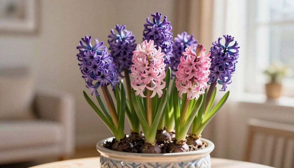 A beautiful arrangement of hyacinths in a decorative pot, showcasing their vibrant purple and pink blossoms. The foreground features the lush, green foliage of the flowers, highlighting their healthy, fresh appearance. In the middle, the pot itself is intricately designed, perhaps ceramic with a glossy finish, enhancing the elegance of the arrangement. The background is softly blurred, suggesting a cozy indoor setting, with warm, diffused sunlight streaming through a nearby window, creating a serene atmosphere. The lighting is gentle, accentuating the colors of the flowers and casting soft shadows. The overall mood is inviting and tranquil, perfect for an inspiring home or garden décor scene that emphasizes the beauty of hyacinths.