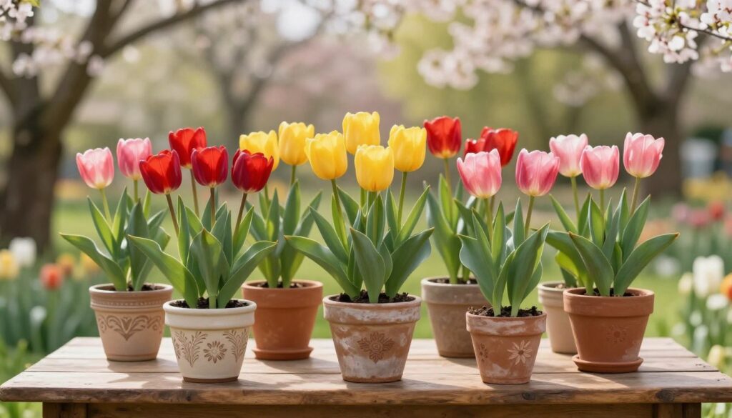 A beautiful arrangement of potted tulips in vibrant colors, showcasing deep reds, bright yellows, and soft pinks, placed against a rustic wooden table. In the foreground, focus on the intricately designed pots, some ceramic and others terracotta, all adorned with subtle patterns. The middle ground features lush green foliage surrounding the tulips, with hints of soil peeking out from the pots, suggesting a garden-like ambiance. In the background, a soft-focus blurred landscape of an early spring garden, with gentle sunlight filtering through blossom-laden trees, creating dappled light patterns. The overall mood is serene and inviting, capturing the essence of spring and offering a sense of warmth and rejuvenation. The image is lit with soft, natural light, emphasizing the freshness of the flowers.