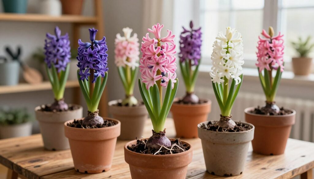 A beautifully arranged indoor scene showcasing the technique of forcing hyacinths, featuring several pots of vibrant, blooming hyacinth flowers in various colors, such as deep purple, soft pink, and bright white. In the foreground, focus on a close-up of a pot with lush green leaves and a rich, dark soil, highlighting the healthy roots peeking through the drainage holes. The middle ground shows additional pots with varying stages of growth, all set on a rustic wooden table. Background elements include softly blurred shelves filled with gardening tools and a gentle light coming from a nearby window, creating a warm and inviting atmosphere. The image conveys a sense of tranquility and nurturing, capturing the essence of indoor gardening. Soft natural lighting enhances the colors and details, emphasizing the beauty of the flowers. A beautifully arranged indoor scene showcasing the technique of forcing hyacinths, featuring several pots of vibrant, blooming hyacinth flowers in various colors, such as deep purple, soft pink, and bright white. In the foreground, focus on a close-up of a pot with lush green leaves and a rich, dark soil, highlighting the healthy roots peeking through the drainage holes. The middle ground shows additional pots with varying stages of growth, all set on a rustic wooden table. Background elements include softly blurred shelves filled with gardening tools and a gentle light coming from a nearby window, creating a warm and inviting atmosphere. The image conveys a sense of tranquility and nurturing, capturing the essence of indoor gardening. Soft natural lighting enhances the colors and details, emphasizing the beauty of the flowers.