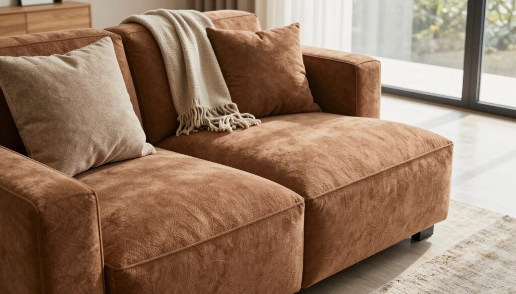A beautifully arranged living room featuring a modern sofa upholstered in pet-resistant fabric. The foreground shows a close-up of the sofa's textured, scratch-resistant fabric in rich earthy tones, inviting and comfortable. In the middle, a cozy setting includes decorative pillows and a stylish throw blanket, all designed to be fur-resistant. The background showcases a bright, airy space with large windows allowing natural light to flood in, accentuating the clean lines and contemporary design of the furniture. Soft shadows play across the floor, creating a warm and inviting atmosphere. The image captures the essence of durability and style, making it ideal for homes with pets. The angle is slightly from above, giving a clear view of the sofa and its features.