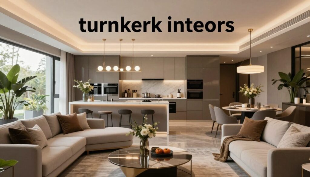 A beautifully designed modern interior space showcasing "turnkey interiors." In the foreground, include elegant furniture like a sleek sofa, a stylish coffee table, and decorative indoor plants. In the middle, a luxurious kitchen area features high-end appliances, polished countertops, and ample lighting from pendant fixtures above. The background displays a cozy dining area with a modern dining table and tasteful decor. The scene is warmly lit, with a soft ambiance that suggests comfort and sophistication. Utilize a wide-angle perspective to capture the spaciousness of the layout, with natural light streaming through large windows. Ensure the atmosphere conveys a sense of opulence and functionality, appealing to homeowners who seek completed interior designs.