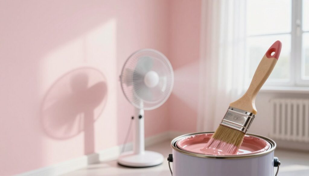 A bright and airy room with a freshly painted wall in soft pastel colors, showcasing the drying process of paint. In the foreground, a close-up view of a paint can with a well-used brush dipped in gloss paint, glistening under warm natural light. In the middle ground, a portable fan is strategically positioned, gently blowing air towards the wall to illustrate a practical method for speeding up paint drying. The background features a window with sheer curtains, allowing soft sunlight to illuminate the scene, enhancing the calm and productive atmosphere. The composition should convey a sense of efficiency and creativity, with an organized workspace showing minimal clutter, focusing on the act of painting in a professional setting.