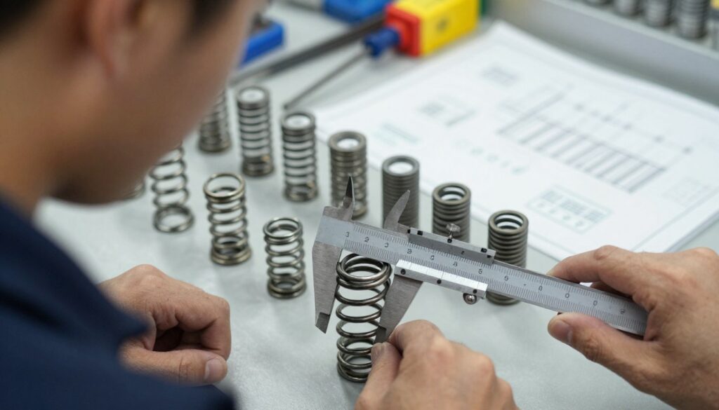A close-up image of a person measuring the inner diameter of a coil spring, demonstrating precise techniques. In the foreground, a pair of calipers are being used to take measurements, showcasing the metal finish and detailed markings. The person, dressed in professional attire, leans closely to the spring, which is placed on a workbench. In the middle ground, a collection of various coil springs is neatly arranged, with labels showing different sizes. The background features a well-lit workshop, equipped with tools and blueprints for spring mechanisms, creating an organized and technical atmosphere. The lighting is bright and focused, enhancing the clarity of the measurement process, while the angle captures a sense of depth and craftsmanship. A close-up image of a person measuring the inner diameter of a coil spring, demonstrating precise techniques. In the foreground, a pair of calipers are being used to take measurements, showcasing the metal finish and detailed markings. The person, dressed in professional attire, leans closely to the spring, which is placed on a workbench. In the middle ground, a collection of various coil springs is neatly arranged, with labels showing different sizes. The background features a well-lit workshop, equipped with tools and blueprints for spring mechanisms, creating an organized and technical atmosphere. The lighting is bright and focused, enhancing the clarity of the measurement process, while the angle captures a sense of depth and craftsmanship.