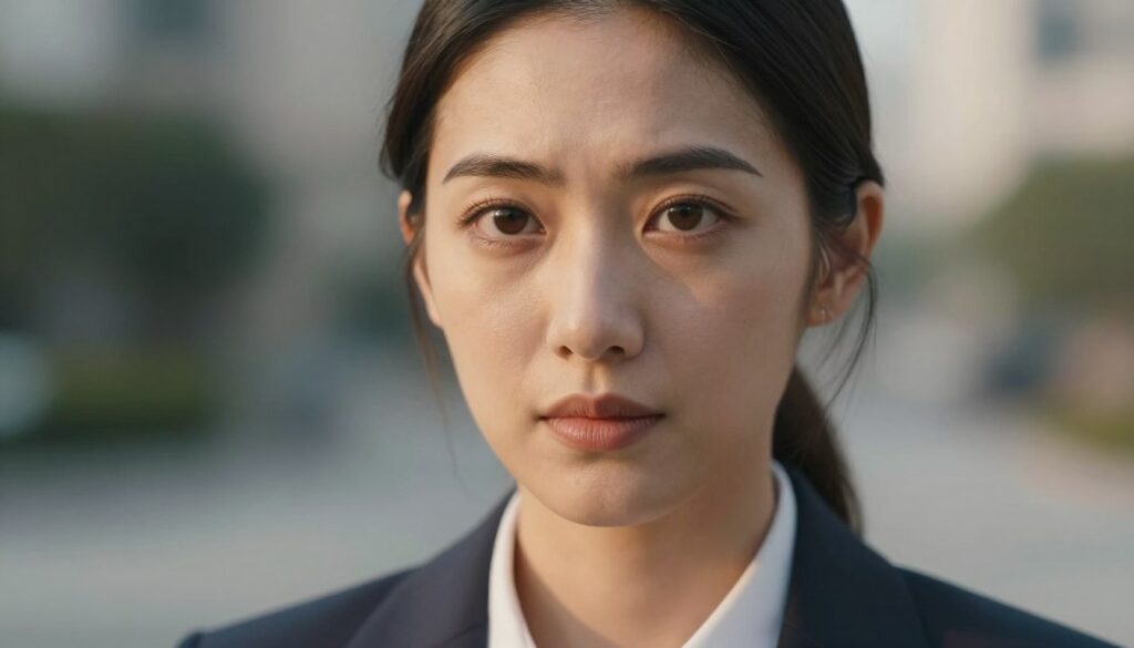 A close-up portrait of a confident professional woman with expressive eyebrows, dressed in smart business attire, standing against a softly blurred urban background. The focus is on her face, especially her eyebrows, which are perfectly shaped, highlighting their significance in conveying emotions and personality. The lighting is warm and inviting, casting gentle shadows that enhance her features, with a soft-focus effect to create an intimate atmosphere. The composition should evoke a sense of intelligence and approachability, with her direct gaze inviting viewers to consider the psychological impact of eyebrow shape on first impressions. The overall mood is insightful and reflective, emphasizing the connection between facial features and personality traits.