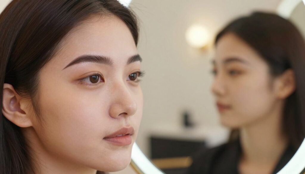 A close-up portrait of a woman with perfectly shaped eyebrows, enhancing her facial features. The foreground shows her face in soft focus, highlighting the arch and thickness of her brows, which are meticulously aligned with her cheekbones and jawline. She has a subtle, natural makeup look that accentuates her eyes. The middle ground features a sophisticated mirror reflecting her profile, emphasizing the elegance of well-groomed brows. The background consists of a softly blurred beauty salon ambiance with warm lighting that creates an inviting atmosphere. The composition should convey a sense of calm and beauty, with a focus on the artistry of eyebrow shaping and how it complements her unique facial structure.