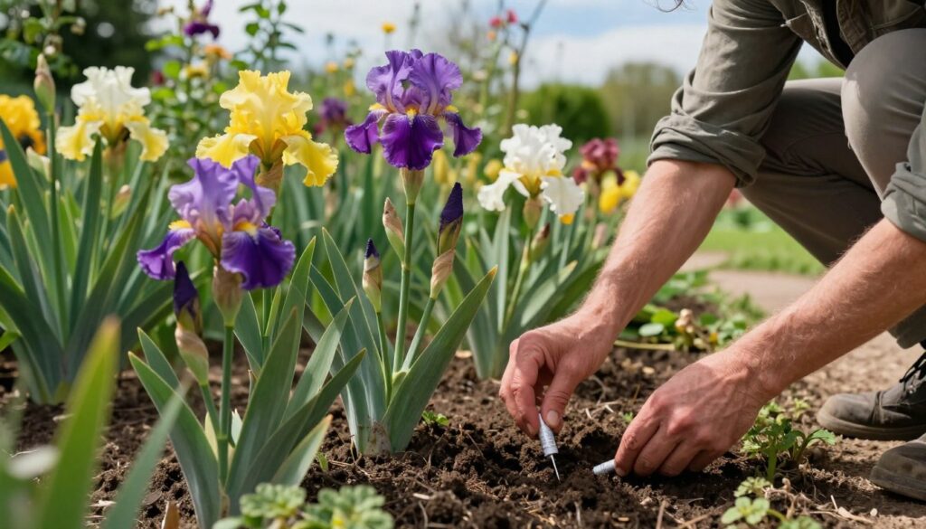 A close-up scene depicting the careful process of fertilizing irises in a lush garden setting. In the foreground, a gardener in modest casual clothing is gently applying organic fertilizer to the rich, dark soil surrounding vibrant, blossoming irises in varying shades of purple, yellow, and white. The middle ground showcases clusters of healthy green foliage and other blooming perennials that harmonize with the irises. In the background, a soft-focus of blooming flowers and a gentle blue sky enhances the serene atmosphere. The scene is illuminated by warm, natural sunlight, creating a peaceful, nurturing mood, with the sunlight casting soft shadows on the ground. The perspective is slightly angled from above to capture the entire essence of nurturing the irises.