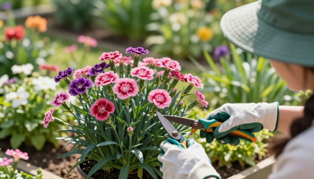 A close-up scene of a gardener expertly pruning a cluster of vibrant pink and purple dianthus flowers, commonly known as carnations. In the foreground, the gardener, wearing a modest green sun hat and gloves, is carefully trimming the stems with sharp garden shears, showcasing attention to detail. The middle ground features healthy, blooming carnation plants with lush green foliage, highlighting the optimal conditions for their growth. In the background, a sunlit garden setting is visible, with soft-focus greenery and colorful blooms, creating a serene and inviting atmosphere. The soft sunlight filters through, casting gentle shadows and enhancing the vivid colors of the flowers, evoking a sense of tranquility and joy in gardening.