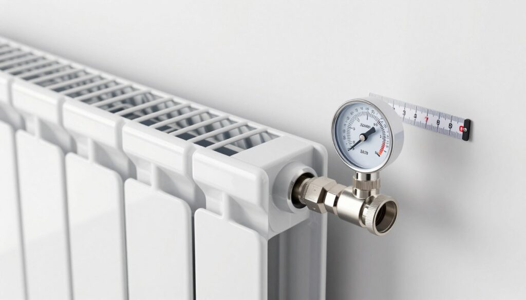A close-up view of a modern panel radiator, showcasing its internal components that indicate water capacity. In the foreground, highlight the radiator's sleek design with a shiny metallic finish, water inlet and outlet valves visible, and a transparent water gauge indicating water level. In the middle ground, display a measurement tape laid beside the radiator to denote dimensions, creating a technical and informative feel. The background should feature a minimalistic, well-lit room with white walls and soft lighting to emphasize the radiator; a subtle reflection from a nearby window can add depth. The atmosphere should be clean and professional, inviting curiosity about the technical aspects of radiator water capacity.