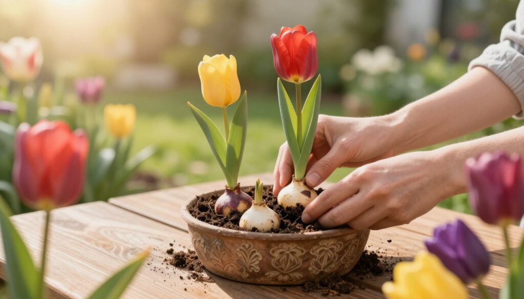 A close-up view of a person planting tulip bulbs in a decorative pot. The foreground showcases the gardener's hands gently placing the bulbs into rich, dark soil, with some vibrant tulip bulbs in various colors (red, yellow, and purple) scattered around. In the middle, the pot is nestled on a wooden table, highlighting natural textures. The background features a softly blurred, sunlit garden with hints of greenery and blooming flowers, suggesting a cheerful spring atmosphere. The lighting is warm and inviting, simulating late afternoon sun, with soft shadows enhancing the details of the scene. The overall mood is serene, encouraging a sense of tranquility and connection to nature.