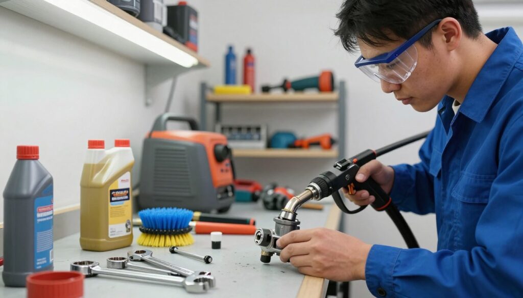 A close-up view of a pressure washer being maintained in a well-lit garage. In the foreground, a technician wearing a blue work shirt and safety goggles is carefully inspecting the pressure washer's parts, surrounded by various maintenance tools like wrenches and lubricants. The middle ground features a workbench cluttered with oil containers and cleaning brushes, demonstrating an organized yet busy workspace. In the background, shelves are lined with additional power equipment and spare parts, all illuminated by bright overhead lights creating a clean, organized atmosphere. The composition captures a sense of diligence and professionalism in seasonal equipment maintenance, emphasizing the importance of care and attention to detail.