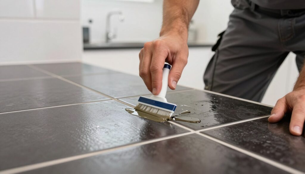 A close-up view of a professional applying grout sealer on tile grout lines. In the foreground, a skilled tradesperson, dressed in a modest and professional outfit, carefully uses a small applicator tool to spread a thick, glossy sealer over the clean, white grout lines between dark ceramic tiles. The middle ground showcases neatly arranged tiles with visible grout lines, some shimmering under bright LED lights that highlight the freshness of the applied sealant. In the background, there is a clean, minimalistic kitchen or bathroom environment, emphasizing a sense of professionalism and cleanliness. The atmosphere is bright, inviting, and focused on the technique of grout application, enhancing the visual appeal and instructional nature of the scene.