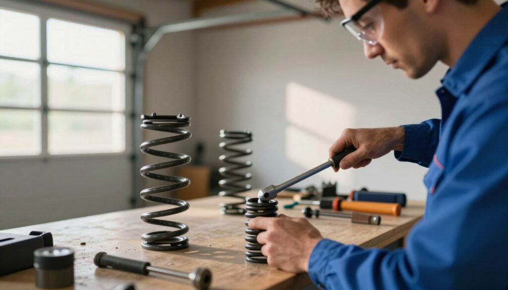 A close-up view of a professional technician examining garage door springs in a well-lit workshop. The foreground features the technician, dressed in a blue work shirt and safety goggles, using a torque wrench on a heavy-duty spring. In the midground, there are various tools and parts scattered across a sturdy workbench. The background shows a garage door partially raised, highlighting the springs in action. Soft, natural lighting streams in from a nearby window, casting gentle shadows and creating a calm, focused atmosphere. The overall mood conveys professionalism and safety, emphasizing the importance of expert assistance when selecting springs for optimal garage door performance. A close-up view of a professional technician examining garage door springs in a well-lit workshop. The foreground features the technician, dressed in a blue work shirt and safety goggles, using a torque wrench on a heavy-duty spring. In the midground, there are various tools and parts scattered across a sturdy workbench. The background shows a garage door partially raised, highlighting the springs in action. Soft, natural lighting streams in from a nearby window, casting gentle shadows and creating a calm, focused atmosphere. The overall mood conveys professionalism and safety, emphasizing the importance of expert assistance when selecting springs for optimal garage door performance.