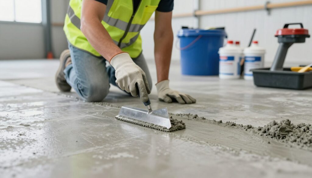 A close-up view of a professional worker in a clean, bright industrial setting, applying repair compounds to a concrete floor. The worker wears a reflective safety vest and gloves, demonstrating precise techniques with a trowel. The foreground features a smooth, freshly mixed repair mass being leveled on the floor, showcasing texture and consistency. In the middle ground, various tools and materials like buckets, mixers, and additional repair compounds are neatly organized. The background reveals a well-lit, spacious warehouse with polished concrete surfaces, enhancing the atmosphere of a professional repair environment. Soft, natural lighting accentuates the details of the application process, conveying a sense of efficiency and craftsmanship.