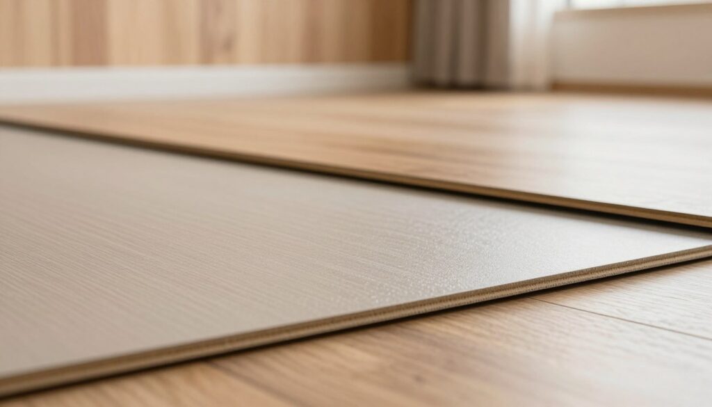 A close-up view of a vinyl floor underlayment layer, showcasing its texture and structure. The foreground should feature a smooth, high-quality underlayment material, slightly shiny with subtle patterns, emphasizing its cushioning and moisture-resistant properties. In the middle ground, a portion of the floor where the underlayment is placed should be visible, highlighting its compatibility with vinyl panels. The background can include a softly lit modern room setting with wooden walls and minimal furniture to suggest a cozy atmosphere. Use warm, natural lighting to enhance the comfort feel, and opt for a shallow depth of field to focus on the underlayment while softly blurring the background. Overall, create a clean, professional look that conveys durability and sound insulation.
