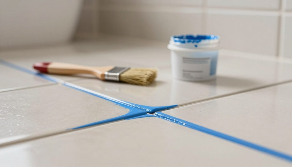 A close-up view of freshly painted tile grout, showcasing a transformation in color. The foreground highlights smooth, vibrant blue grout between light beige tiles, emphasizing the textural contrast. In the middle, a small brush and an open container of paint sit beside the tiles, hinting at the tools used for this revitalization process. The background features a modern bathroom setting with soft, diffuse lighting that enhances the cleanliness and freshness of the space. The atmosphere conveys a sense of renewal and warmth, inviting the viewer to appreciate the details of the grout and tiles. The angle captures the slight sheen of the wet paint, making it appear inviting and professionally finished.