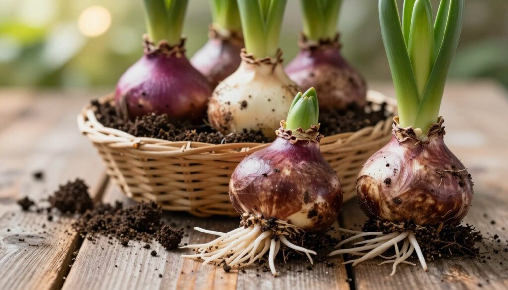 A close-up view of healthy hyacinth bulbs arranged on a rustic wooden surface, highlighting their vibrant colors and textures. The foreground features a few freshly unearthed, plump bulbs with smooth, glossy skin and rich, earthy tones, showcasing fine roots. In the middle, additional bulbs lie nestled in a small handwoven basket, with some soil scattered artistically around them, hinting at recent planting activity. The background softly blurs out, with gentle greenery and sunlight dappling through leaves, creating a warm, inviting atmosphere. Natural light enhances the colors and details, emphasizing the freshness of the bulbs. The mood is serene and nurturing, perfect for showcasing the choice of healthy bulbs for cultivation.