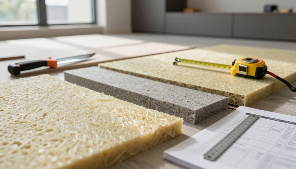 A close-up view of high-quality insulation material designed for underfloor paneling. In the foreground, showcase various types of insulation layers, highlighting their texture and density, with a ruler and technical specifications sheet beside them. In the middle ground, a well-lit scene featuring tools like a cutting knife and measuring tape, indicating a professional installation area. The background should depict a sleek, modern room with partially installed panels to provide context. Natural light filters through a window, casting soft shadows to create a warm, inviting atmosphere. The overall mood is focused and technical, emphasizing clarity and precision in the selection of insulation materials.