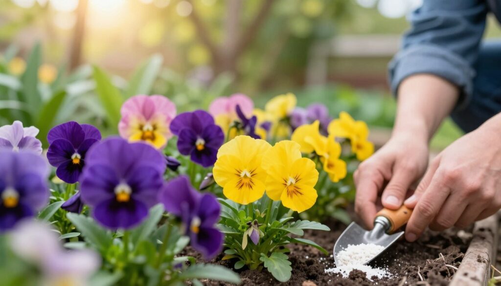 A close-up view of vibrant pansy flowers in full bloom, showcasing their rich colors—deep purples, bright yellows, and soft pinks. In the foreground, a gardener gently spreads organic fertilizer around the base of the flowers, using a small hand trowel. The middle ground captures the lush greenery of the garden, with healthy leaves and soil enriched by recent nourishment. In the background, soft sunlight filters through leafy trees, creating a warm and inviting atmosphere. The image is captured with a shallow depth of field, emphasizing the detailed texture of the pansies and the gardener’s careful actions. The overall mood is vibrant and optimistic, illustrating the care and attention required for prolonged flowering.