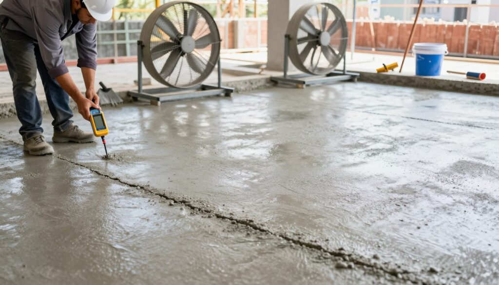 A construction site showcasing the drying process of a concrete floor. In the foreground, a recently poured concrete surface, slightly cracked and textured, glistening under ambient light. To the left, a worker in a hard hat and professional attire is carefully monitoring the drying conditions using a digital moisture meter. In the middle ground, industrial fans are strategically positioned to expedite airflow, enhancing the drying process. In the background, tools like trowels, buckets, and a drying indicator can be seen. Bright, natural lighting captures the clarity of the scene, while a warm, productive atmosphere conveys urgency and efficiency. The overall composition is professional, emphasizing the importance of timely drying methods in construction.