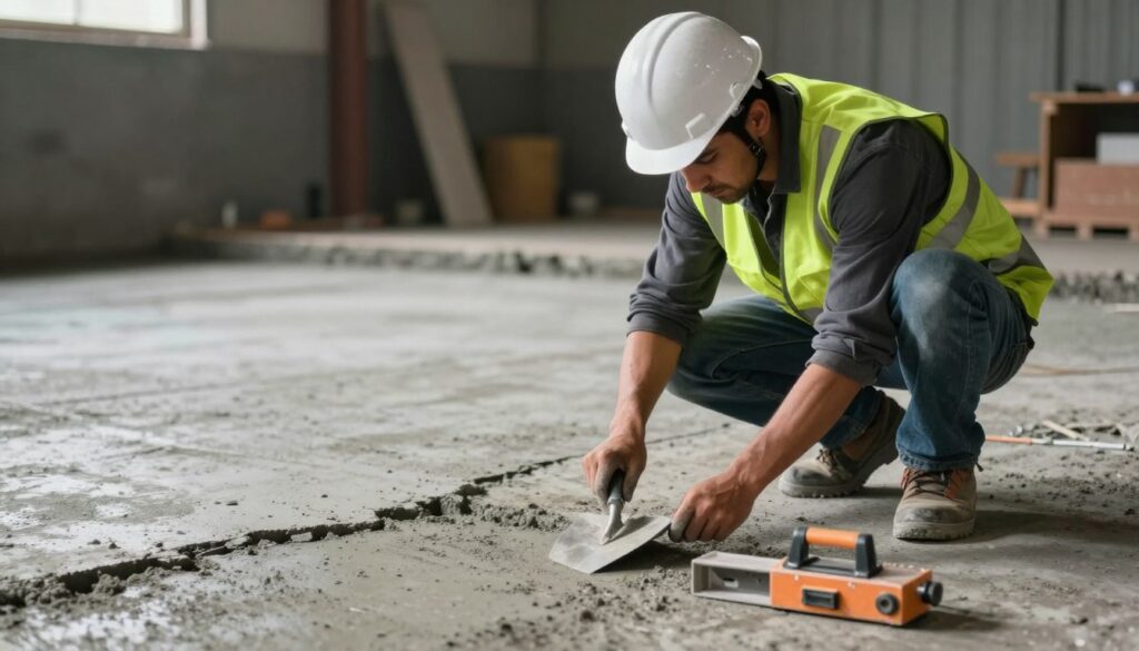 A construction worker in a hard hat and safety vest, crouched down, carefully preparing a concrete substrate for repair. The foreground features tools like a trowel and a leveling device, showcasing focused effort. In the middle ground, a partially excavated concrete floor, with visible cracks and uneven surfaces awaiting correction. The background is a dimly lit warehouse setting, enhanced by soft, diffuse overhead lighting to create a professional atmosphere. The angle captures the worker’s concentration, emphasizing the meticulous nature of the task. The overall mood is industrious and methodical, highlighting the importance of proper surface preparation for a durable and level finish.