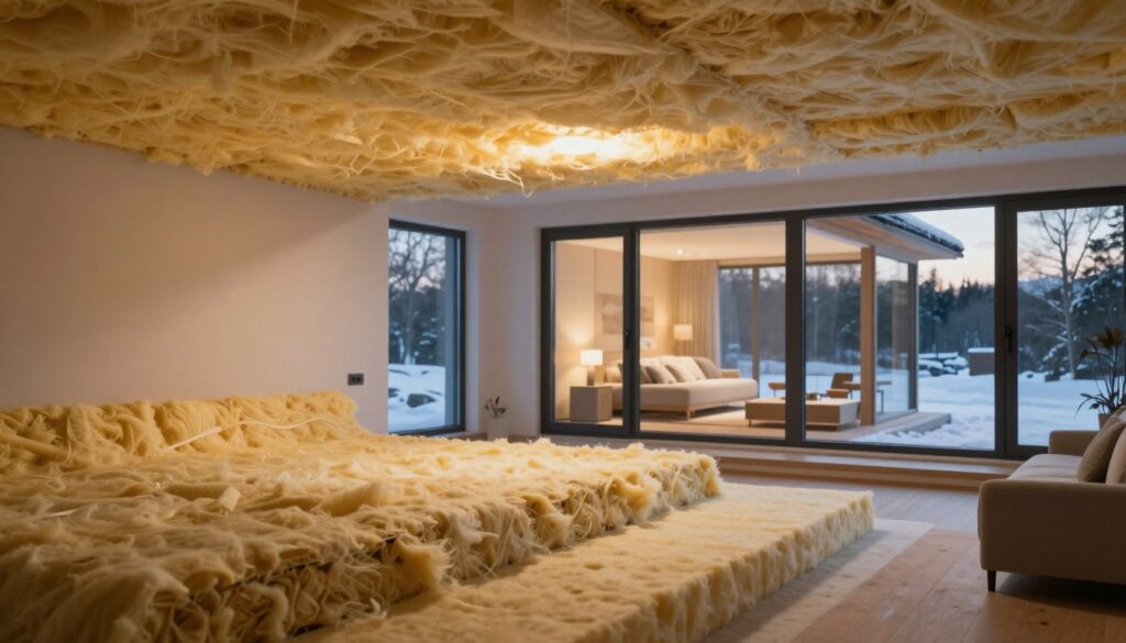 A cozy and energy-efficient room showcasing effective insulation techniques. In the foreground, display a cross-section of the room's ceiling, highlighting layers of insulating materials like fiberglass and foam. In the middle ground, include a modern home equipped with double-glazed windows, showcasing his warm interiors contrasted with a chilly exterior landscape. The background can depict a snowy scene outside, emphasizing the warmth inside. Soft, warm lighting should illuminate the interior, while cooler, bluish tones represent the cold outside. The overall mood should be one of comfort and efficiency, illustrating the role of insulation in reducing heat loss while emphasizing a modern aesthetic with clean lines and inviting colors.