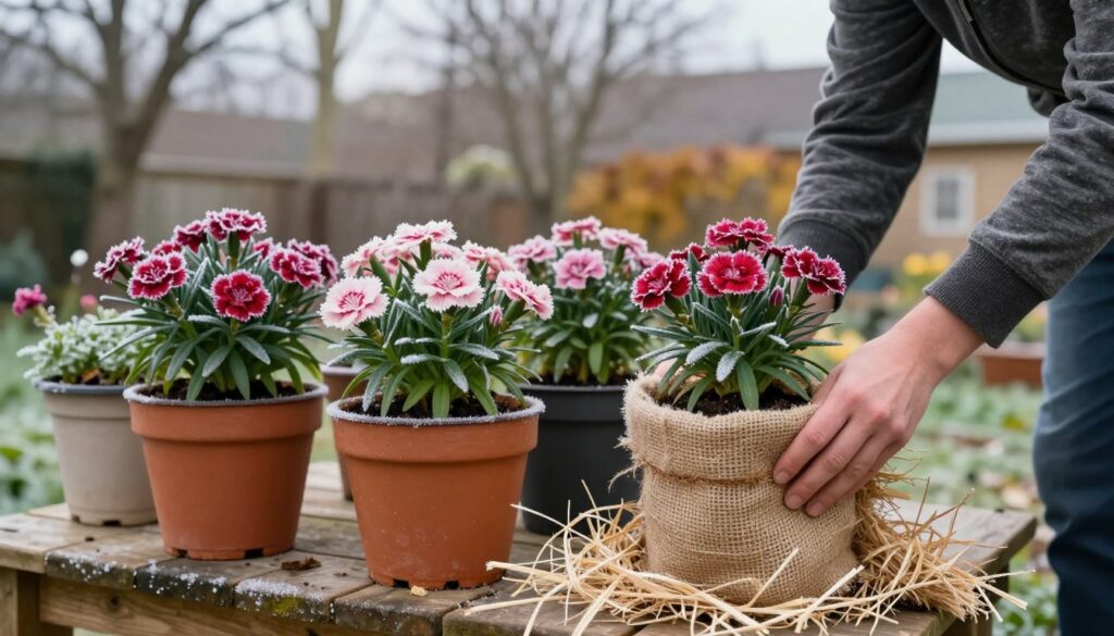 A cozy garden scene in autumn, showcasing potted dianthus plants being carefully protected from frost and wind. In the foreground, a person in modest casual clothing is wrapping the pots with burlap and straw, demonstrating a caring touch. In the middle, various colorful pots filled with healthy dianthus are arranged on a wooden deck, while delicate frost forms around the edges of the pots. The background features blurred, leafless trees and a soft, overcast sky, creating a tranquil and chilly atmosphere. The lighting is soft and diffused, reminiscent of a cloudy day, highlighting the warm colors of the plants and the earth tones of the protective materials. The image evokes a sense of preparation and care for plants in winter.