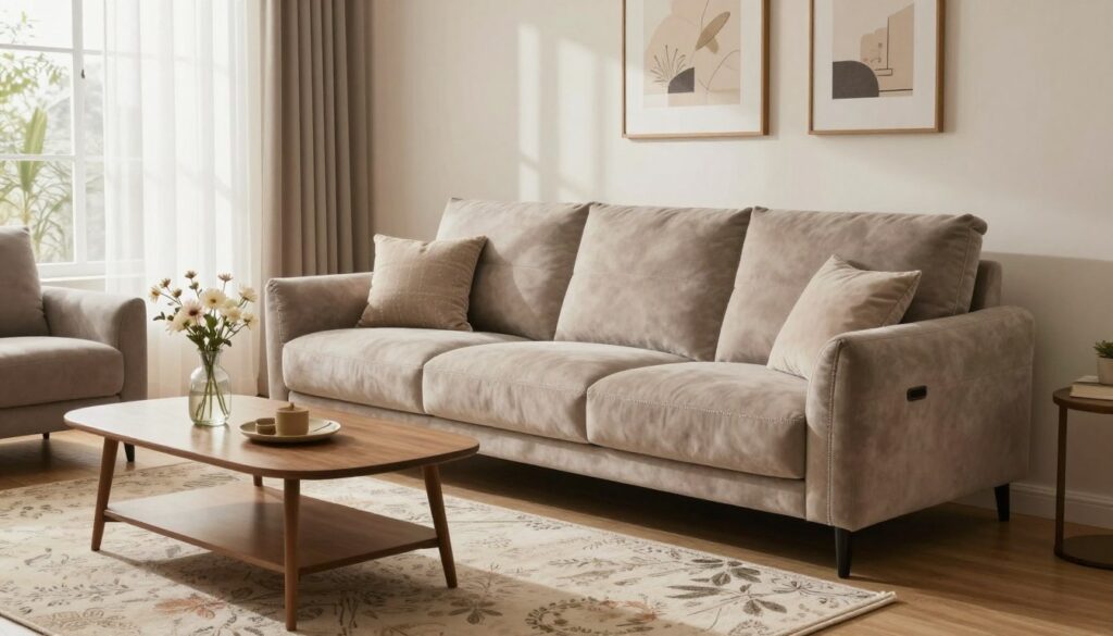 A cozy living room featuring a stylish and comfortable sofa that perfectly fits the room's decor. In the foreground, the plush sofa, upholstered in soft, muted tones, showcases intricate stitching and elegant cushions. The middle ground highlights a tastefully arranged coffee table with a delicate vase of fresh flowers, and a patterned area rug beneath the sofa that adds warmth. In the background, soft natural light filters through large windows draped with sheer curtains, casting gentle shadows on the walls adorned with tasteful art pieces. This serene and inviting atmosphere emphasizes the blend of comfort and style, ideal for a modern living space. The scene is captured using a wide-angle lens to encompass the full beauty of the room, with a warm, inviting ambiance.