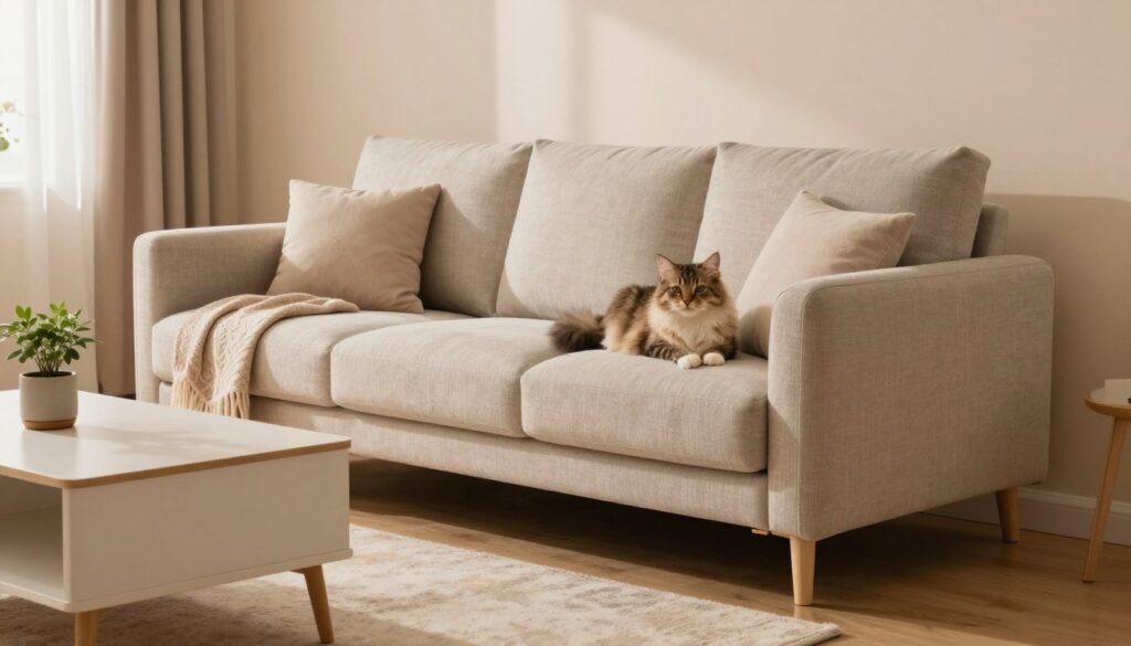 A cozy living room featuring a stylish, modern sofa made from pet-friendly fabric that resists fur and scratches. In the foreground, a fluffy tabby cat lounges comfortably on the sofa, highlighting the fabric's durability. The middle ground includes a sleek coffee table with a small potted plant and a subtle decorative throw blanket draped over one arm of the sofa. In the background, warm, soft lighting casts a welcoming glow, accentuating the elegant decor of the room, which features pastel walls and a tasteful rug on a wooden floor. The atmosphere is inviting and tranquil, perfect for a home shared with pets.