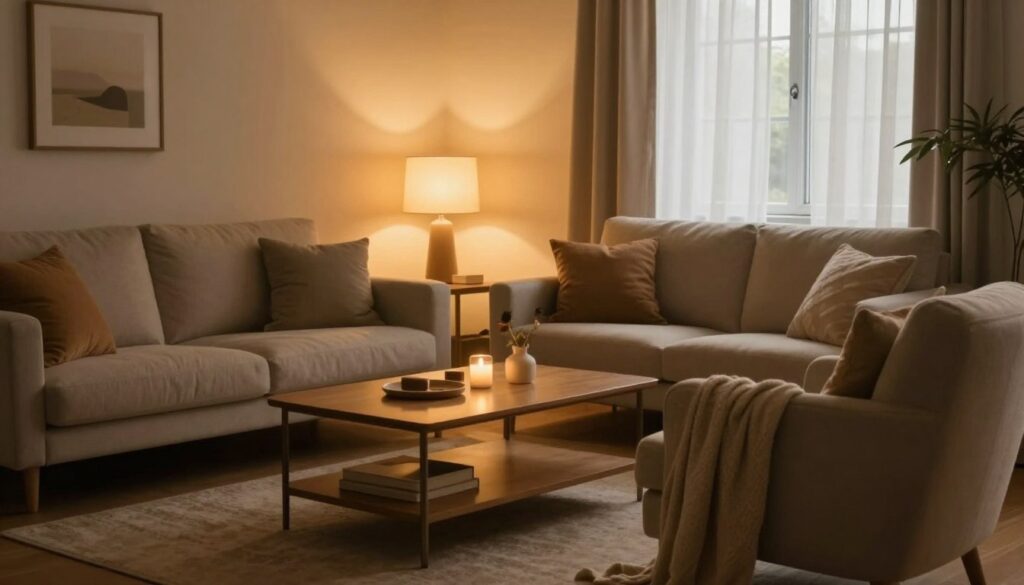 A cozy living room setting bathed in warm, inviting light, designed to illustrate the optimal lighting conditions for everyday use and evening relaxation. In the foreground, a stylish armchair and soft throw blanket invite comfort. In the middle, a coffee table with aesthetically pleasing decor and a gently glowing lamp, casting a soft amber hue across the room, emphasizes a welcoming atmosphere. The background features a window with sheer curtains allowing soft daylight to filter in, enhancing the room's warmth. The overall composition captures a serene, homely vibe, with the light creating a rich contrast against inviting, neutral-colored furnishings. Utilize a wide-angle lens to fully capture the ambiance, focusing on the interplay of natural and artificial light to reflect the essence of comfort and tranquility in home lighting.