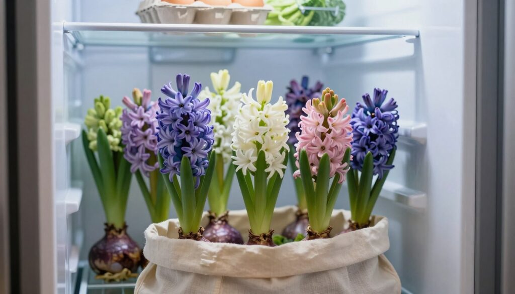 A cozy refrigerator interior showcasing a selection of hyacinth bulbs in various colors, neatly placed in a soft cloth bag. The foreground features the vibrant bulbs, meticulously arranged, with their delicate petals just beginning to show hints of color. The middle ground captures the interior of the fridge, with a gentle chill emanating from the frosty shelves, accompanied by subtle reflections of light on the cool surfaces. The background hints at standard fridge contents, like fresh vegetables and an open carton of eggs, creating an everyday kitchen ambiance. Soft, cool lighting enhances the fresh, crisp atmosphere, while a slightly angled view lends depth and invites the viewer into this unique storage solution for bulbs.