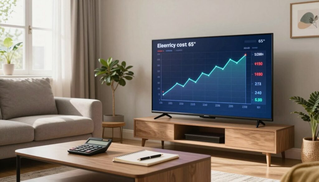 A detailed and informative scene depicting a modern living room featuring a large 65-inch television. In the foreground, a stylish coffee table with a calculator, notebook, and pen, symbolizing the calculation of electricity costs. The television displays an energy usage graph, illustrating power consumption in an easy-to-understand format. In the middle ground, a comfortable sofa set enhances the inviting atmosphere. Natural light streams in from a window, creating a warm, welcoming mood. The background showcases neutral-colored walls and contemporary decor items like plants or artwork, emphasizing a cozy home environment. The image captures a practical guide to understanding the operational costs of using a television, evoking a sense of clarity and purpose.