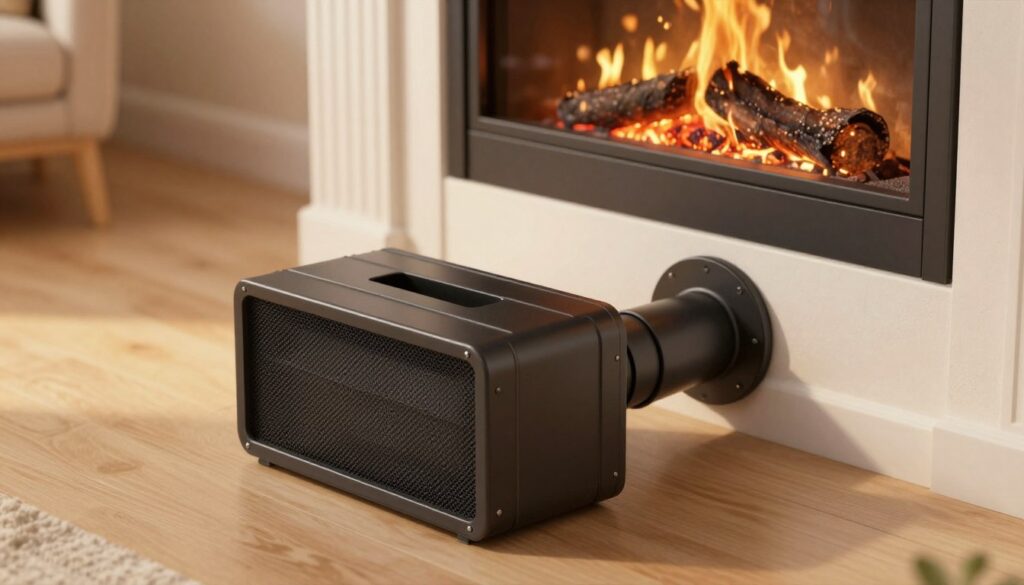 A detailed and realistic illustration of an external air intake for a fireplace, specifically a model with a diameter of 110 mm. In the foreground, showcase the air intake unit with intricate details such as the casing and mesh filter, emphasizing its functional design. In the middle ground, depict the connection to a modern fireplace, highlighting the airflow direction and secure mounting. The background features a cozy living room with warm lighting, showcasing a flickering fireplace, accentuating the benefits of external air supply. The mood should be inviting and warm, illustrating a well-ventilated environment. Capture the scene from a slightly elevated angle to provide depth, using soft lighting to enhance shadows and textures, creating a realistic ambiance. Ensure the image is free of text or watermarks.