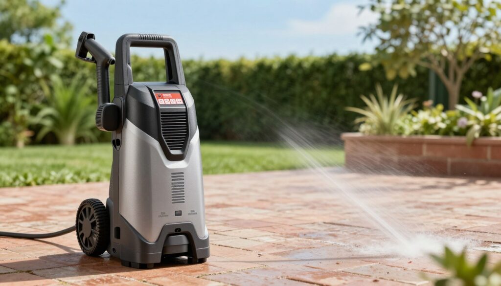 A detailed and visually appealing image of a pressure washer, prominently displayed in the foreground, showcasing essential technical parameters. The pressure washer should be sleek and modern, with labels indicating its specifications such as pressure rating, flow rate, and nozzle types. In the middle ground, show a clean brick patio, illustrating the effectiveness of the pressure washer in cleaning tough surfaces without damage. The background should feature lush greenery and a bright blue sky, creating a fresh and inviting atmosphere. Use natural lighting to enhance the scene, casting soft shadows that give depth. The perspective should be slightly angled to capture both the pressure washer and its working environment, conveying a sense of practicality and efficiency.