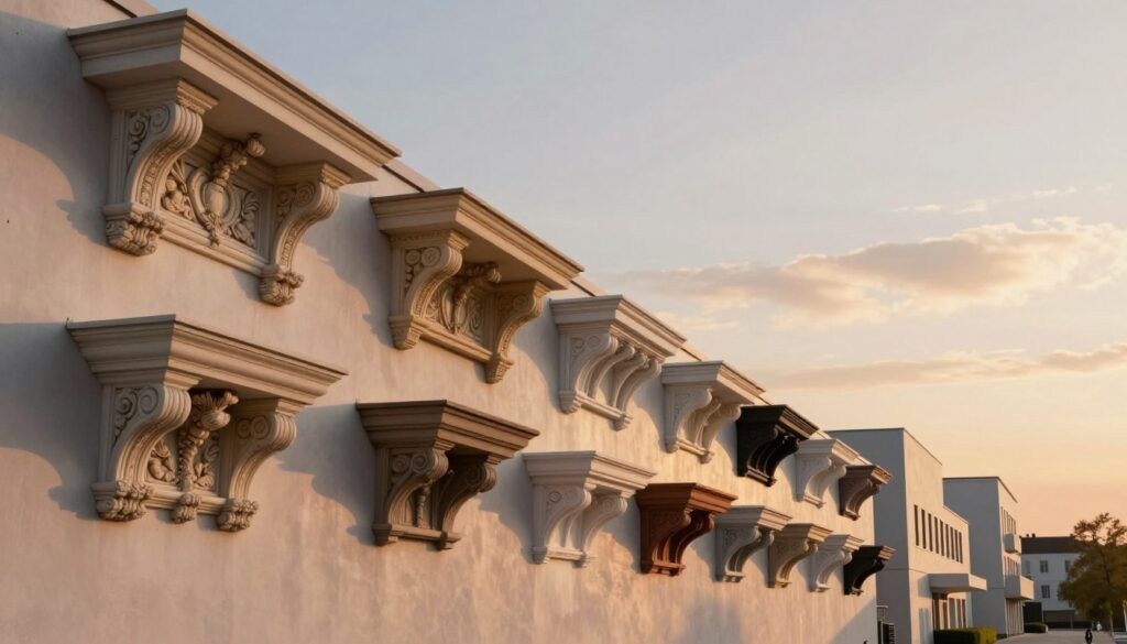 A detailed architectural illustration showcasing the evolution of cornices (gzymsy) in exterior walls through various historical styles. In the foreground, highlight intricately designed classical cornices with ornate detailing, seamlessly transitioning into more simplified modern interpretations. The middle ground features a timeline of building façades, ranging from Baroque and Renaissance styles to contemporary minimalist architecture, each with distinct cornice styles. The background displays a soft, atmospheric sky at sunset, casting warm light over the structures, creating an evocative contrast between the ornate and the modern. Use a wide-angle perspective to capture the depth of the scene, allowing emphasis on the cornices as focal points of architectural beauty. The mood is reflective and inspiring, inviting viewers to appreciate the craftsmanship and functional significance of cornices in building design.