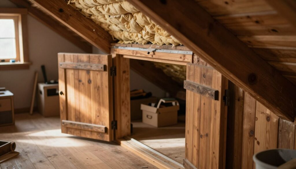 A detailed, close-up image of attic hatch doors (wyłazy dachowe strychowe) blended into a cozy, warmly lit attic space. The foreground features aged wooden hatch doors partially opened, revealing a glimpse of the roofing structure above, with insulation material visible. In the middle ground, scattered tools and boxes hint at use, with soft shadows creating depth. The background showcases exposed beams and subtle hints of sunlight filtering through a nearby window, casting gentle patterns on the wooden floor. The atmosphere is inviting yet functional, emphasizing the concept of heat escape typical to attics. Capture this with a natural, diffused daylight, using a slightly elevated angle to create an expansive view of the attic environment. The mood should evoke curiosity and highlight energy efficiency concerns.