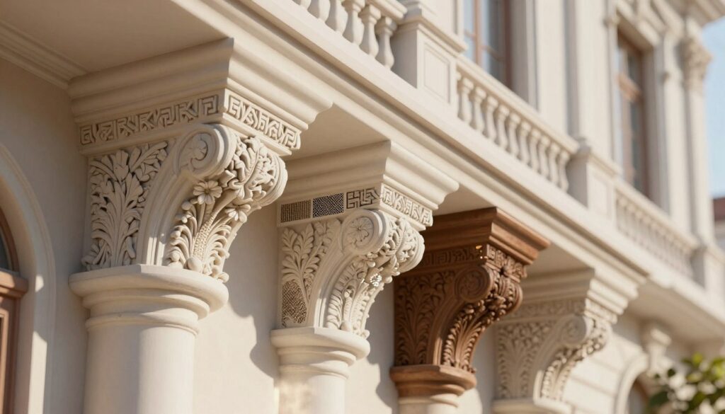 A detailed close-up image of ornate architectural gzymsy (cornices) illustrating various materials used in their creation, such as plaster, stone, and wood. In the foreground, showcase intricate floral and geometric patterns carved into the cornices. The middle ground features a selection of samples, highlighting textures and finishes, with subtle reflections to emphasize quality. The background is a softly blurred visual of a classic building facade, bathed in warm, natural daylight, enhancing the elegance of the gzymsy. Use a wide-angle lens to create depth, capturing the grandeur of the design while ensuring an uplifting, professional atmosphere. The image should evoke a sense of craftsmanship and architectural beauty, suitable for a construction and design context.