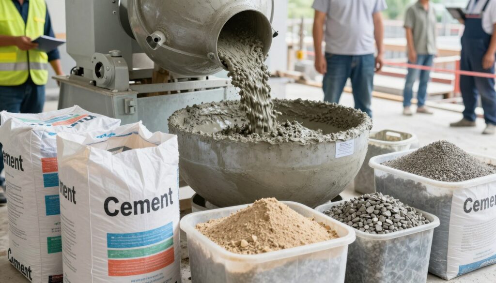 A detailed composition highlighting the ingredients of concrete and cement in a professional setting. In the foreground, various bags marked with 'Cement' and containers of aggregates, like sand and gravel, are displayed. The middle ground shows a mixing machine with fresh concrete being poured, demonstrating the mixing process. In the background, a construction site subtly fades, with workers in professional attire overseeing the mixing process. Bright, natural lighting illuminates the scene, creating a clean and focused atmosphere. The angle is slightly elevated, giving a comprehensive view of the mixture being prepared. The mood is industrious and educational, reflecting the science behind concrete and cement.
