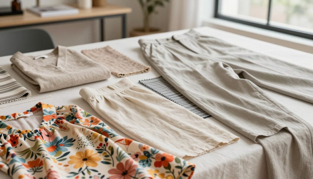 A detailed flat lay composition showcasing a variety of fabrics and textures ideal for wide-leg trousers. Include swatches of soft linen, lightweight cotton, and luxurious silk in neutral and pastel shades, elegantly arranged. The foreground highlights a vibrant floral print fabric that could complement a blouse. In the middle, include samples of patterned textiles like stripes or subtle geometric designs. The background should feature a soft, blurred setting of a modern, chic workspace with natural light filtering through a window, creating a warm, inviting atmosphere. Use a close-up angle to emphasize the textures and details of the materials, enhancing a sense of depth. The overall mood should be stylish and sophisticated, reflecting current fashion trends.