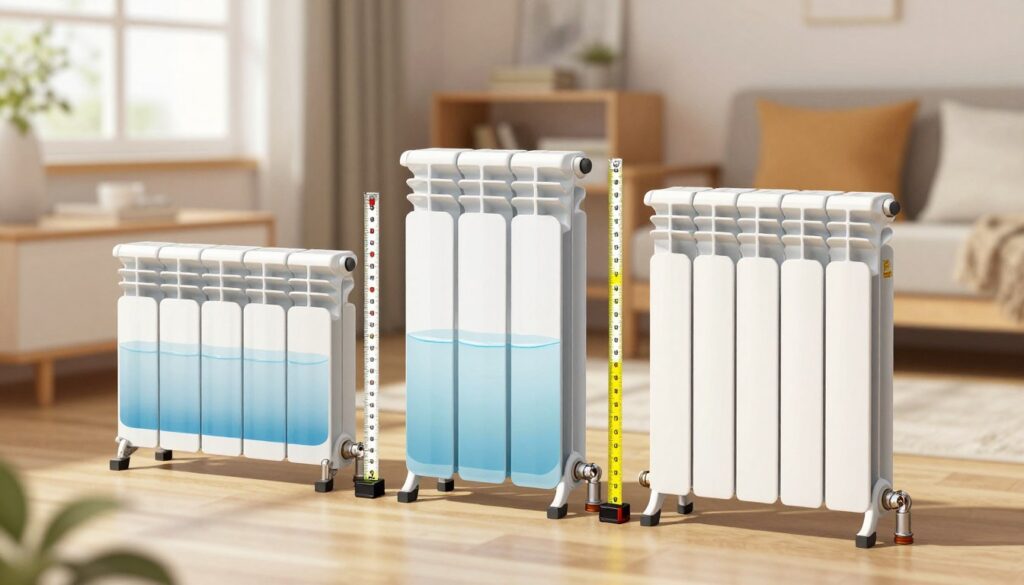 A detailed illustration comparing the water capacity of different types of panel radiators. In the foreground, feature three distinct types of radiators – a flat panel radiator, a column radiator, and a towel radiator – all filled with water to show their varying water levels. The middle ground should have a measuring tape positioned next to each radiator for a visual comparison of their sizes, emphasizing differences in water capacity. In the background, a modern home interior with soft lighting creates a cozy atmosphere, highlighting the practicality of radiators in domestic settings. Utilize warm tones to evoke comfort, with a slight focus blur on the background to enhance the foreground objects. Natural light filters through a nearby window, adding a serene ambiance to the scene.