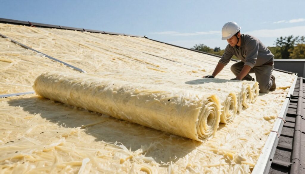 A detailed illustration of a residential rooftop with freshly installed insulation, emphasizing the process of roof insulation. In the foreground, show a close-up of an insulation material being applied, with a worker in a hard hat wearing modest casual clothing, focused on the task. The middle ground features the roof covered with insulation panels, showcasing texture and detail. In the background, capture a bright, sunny day illuminating the scene, with a clear blue sky and trees in a distance to convey a sense of energy efficiency and outdoor warmth. The image should exude a sense of professionalism and innovation, reflecting the importance of thermal modernization in reducing heat loss.