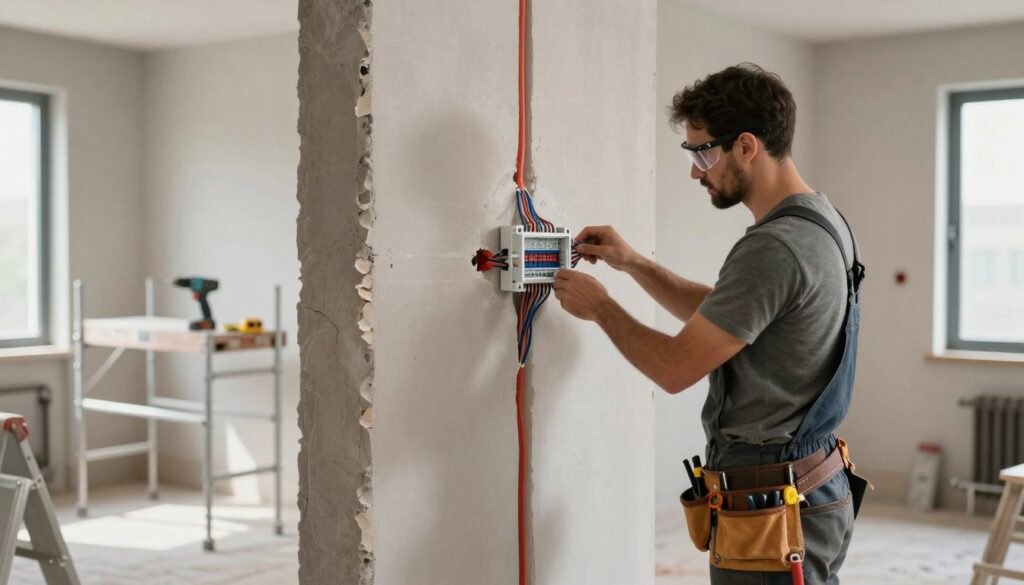 A detailed interior view of an apartment undergoing renovation, showcasing electrical and plumbing installations. In the foreground, a professional, clad in a tool belt and safety goggles, examines a circuit box with wires neatly organized. The middle section features wall panels being installed, exposing intricate plumbing pipes and electrical wiring. In the background, scaffolding and tools are present, including a drill and measuring tape. Soft, natural light streams through a nearby window, casting gentle shadows, creating a focused and industrious atmosphere. The image should convey a sense of meticulous planning and organization, highlighting the complexity of hidden costs associated with electrical and plumbing installations in a stylish and modern setting. A detailed interior view of an apartment undergoing renovation, showcasing electrical and plumbing installations. In the foreground, a professional, clad in a tool belt and safety goggles, examines a circuit box with wires neatly organized. The middle section features wall panels being installed, exposing intricate plumbing pipes and electrical wiring. In the background, scaffolding and tools are present, including a drill and measuring tape. Soft, natural light streams through a nearby window, casting gentle shadows, creating a focused and industrious atmosphere. The image should convey a sense of meticulous planning and organization, highlighting the complexity of hidden costs associated with electrical and plumbing installations in a stylish and modern setting.