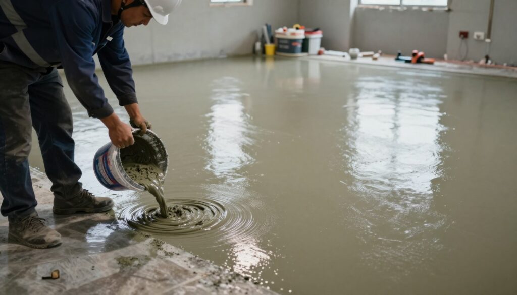 A detailed scene depicting a施工现场中的自流平层 (self-leveling compound) application process. In the foreground, show a professional contractor wearing a hard hat and safety gear, pouring the self-leveling compound from a bucket onto a prepared floor surface. In the middle ground, illustrate the freshly poured compound slowly spreading across the floor, highlighting its smooth texture and the leveling process. The background features a partially finished room with construction tools and materials neatly arranged. Soft overhead lighting emphasizes the sheen of the compound, creating a focused, industrious atmosphere. Capture the moment from a low angle to showcase the contractor's skilled technique while maintaining safety protocols, evoking a sense of expertise and precision in construction work.