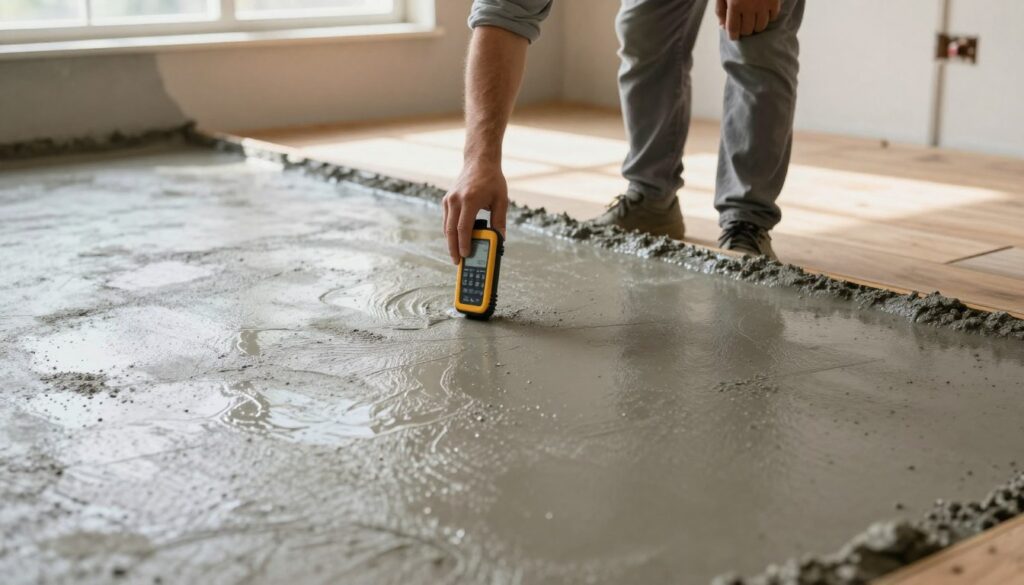 A detailed scene depicting the drying process of a fresh concrete screed in a home setting. In the foreground, the screed is visible with a wet sheen, showcasing the texture and subtle variations in color. In the middle ground, a construction professional in modest casual attire uses a moisture meter, indicating careful measurement of drying progress. Soft, warm natural light filters through a nearby window, casting gentle shadows and emphasizing the smooth surface of the screed. The background reveals partially installed laminate flooring, providing context for the screed's importance. The atmosphere conveys a sense of diligence and anticipation, reflecting the careful planning involved in home renovations. The composition is well-balanced, focused on the drying screed and the measuring process, with a clear and inviting aesthetic.