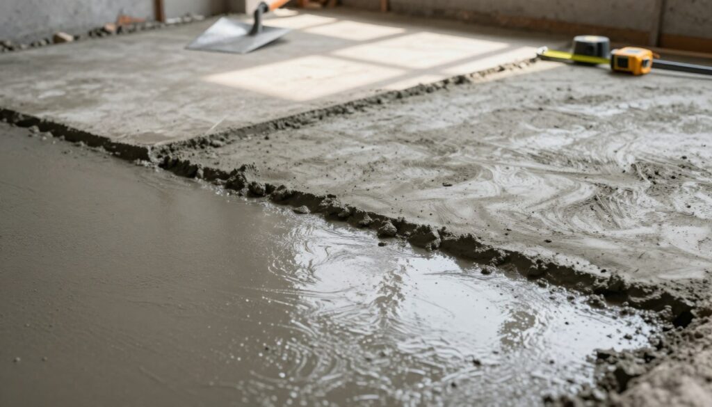 A detailed view of a concrete floor in the process of drying, showcasing various stages of a concrete mix cure. In the foreground, a wet section of freshly poured concrete with a slightly glossy surface reflects natural light. In the middle ground, sections of concrete transitioning from wet to dry can be seen, highlighting different shades of gray and texture variations depending on the mix used. The background features construction tools such as a trowel and measuring tape neatly arranged. The lighting is warm and natural, simulating soft, diffused sunlight filtering through an overhead source, casting gentle shadows. The mood is calm and industrious, reflecting a professional atmosphere focused on construction and renovation.