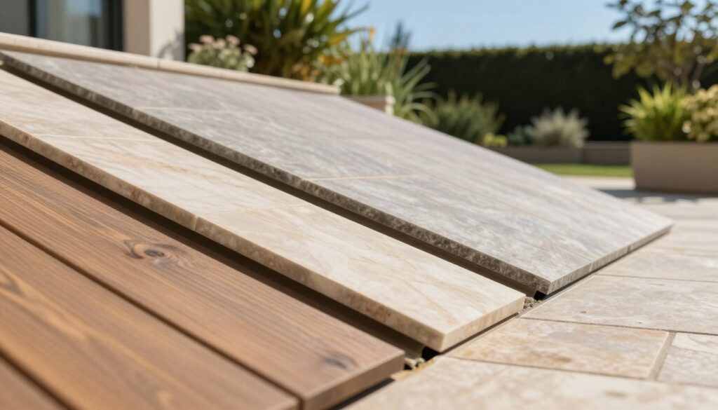 A detailed view of a terrace showcasing optimal surface slope to prevent water pooling. In the foreground, display various finishing materials like tiles, wood planks, and stone slabs, arranged at slight angles to demonstrate their respective slopes. The middle ground should include a gently sloping surface, with subtle gradients clearly visible, enhancing the visual effect of drainage. The background features a lush garden with a clear blue sky, adding depth to the scene. Utilize natural sunlight to create soft shadows that highlight the textures of the materials. Capture this from a lower angle for a dramatic perspective, focusing on the interplay of light and the shapes of the sloped surface. The overall mood should be serene and inviting, emphasizing functionality and aesthetic appeal. A detailed view of a terrace showcasing optimal surface slope to prevent water pooling. In the foreground, display various finishing materials like tiles, wood planks, and stone slabs, arranged at slight angles to demonstrate their respective slopes. The middle ground should include a gently sloping surface, with subtle gradients clearly visible, enhancing the visual effect of drainage. The background features a lush garden with a clear blue sky, adding depth to the scene. Utilize natural sunlight to create soft shadows that highlight the textures of the materials. Capture this from a lower angle for a dramatic perspective, focusing on the interplay of light and the shapes of the sloped surface. The overall mood should be serene and inviting, emphasizing functionality and aesthetic appeal.