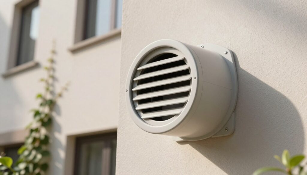 A detailed view of a wall-mounted air intake vent for a fireplace, showcasing a round, 110mm diameter pipe. The backdrop is a modern residential building facade with a neutral color palette, featuring subtle textures. The foreground focuses on the well-installed vent, highlighting its smooth finish and integrated design. Soft, natural daylight filters in from the left side, casting gentle shadows that emphasize the vent's contours and the wall's materials. A few green climbing plants adorn the nearby wall, adding a touch of nature and enhancing the serene atmosphere. The angle captures the vent slightly from below, making it appear prominent yet harmonious with the overall architecture, conveying a professional and clean installation approach.