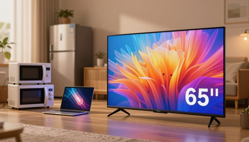 A modern 65-inch television prominently displayed in the foreground, showcasing its sleek design and vibrant screen. In the middle ground, a variety of common household electrical devices are arranged, including a microwave, a refrigerator, a laptop, and a gaming console, illustrating energy consumption comparison. The background features a cozy living room setting, softly lit with warm, ambient lighting that creates a welcoming atmosphere. The image is captured from an eye-level angle, emphasizing the size and presence of the television amidst the devices. A subtle focus effect blurs the background slightly, drawing attention to the television, while maintaining clarity on the other devices, effectively conveying the theme of energy usage in a home setting.