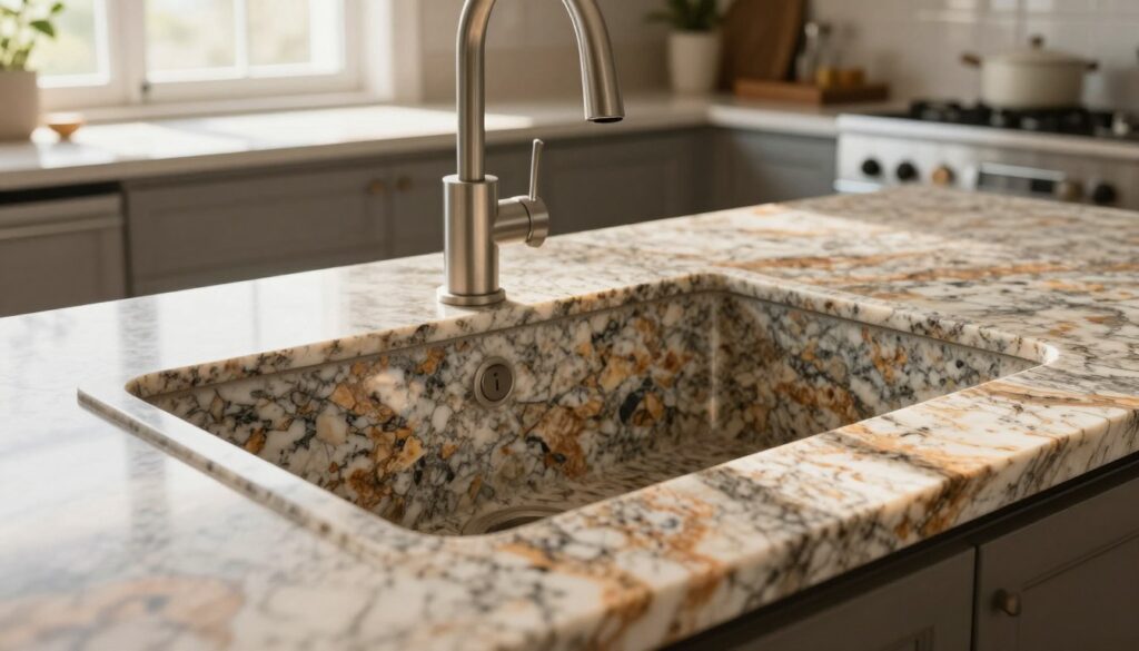 A modern granite sink designed for a stylish kitchen setting. In the foreground, a sleek, undermount granite sink with a polished surface, displaying intricate patterns. The middle ground features a beautifully crafted countertop made of stone, showcasing rich textures and colors that complement the sink. The background reveals a cozy kitchen, filled with natural light streaming through a large window, illuminating the space. Soft reflections on the sink's surface create a warm atmosphere. The scene is captured from a slight angle to showcase both the sink and countertop effectively, using soft, natural lighting to enhance the elegance and functionality of the design. Overall, the mood conveys sophistication and practicality in kitchen design.