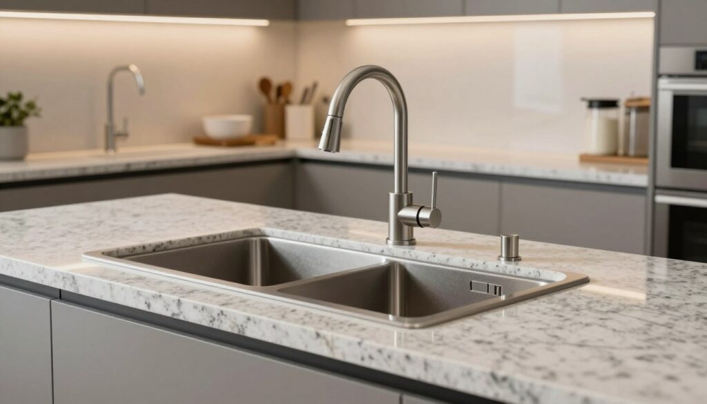 A modern kitchen scene featuring a sleek sink seamlessly matched with a stylish countertop made of high-quality materials such as granite and quartz. In the foreground, showcase the sink complete with elegant faucets, highlighting the contrast between the sink's finish and the countertop's texture. The middle ground should display a carefully arranged kitchen workspace with various kitchen accessories, keeping the color palette neutral to emphasize the matching elements. The background reveals cabinets and subtle lighting that creates a warm and inviting atmosphere. Use soft, natural lighting to enhance the materials' textures, and incorporate a slight depth of field to keep the focus on the sink and countertop. The overall mood should convey sophistication and practicality while illustrating a perfect match between sink and countertop materials for a visually appealing kitchen.